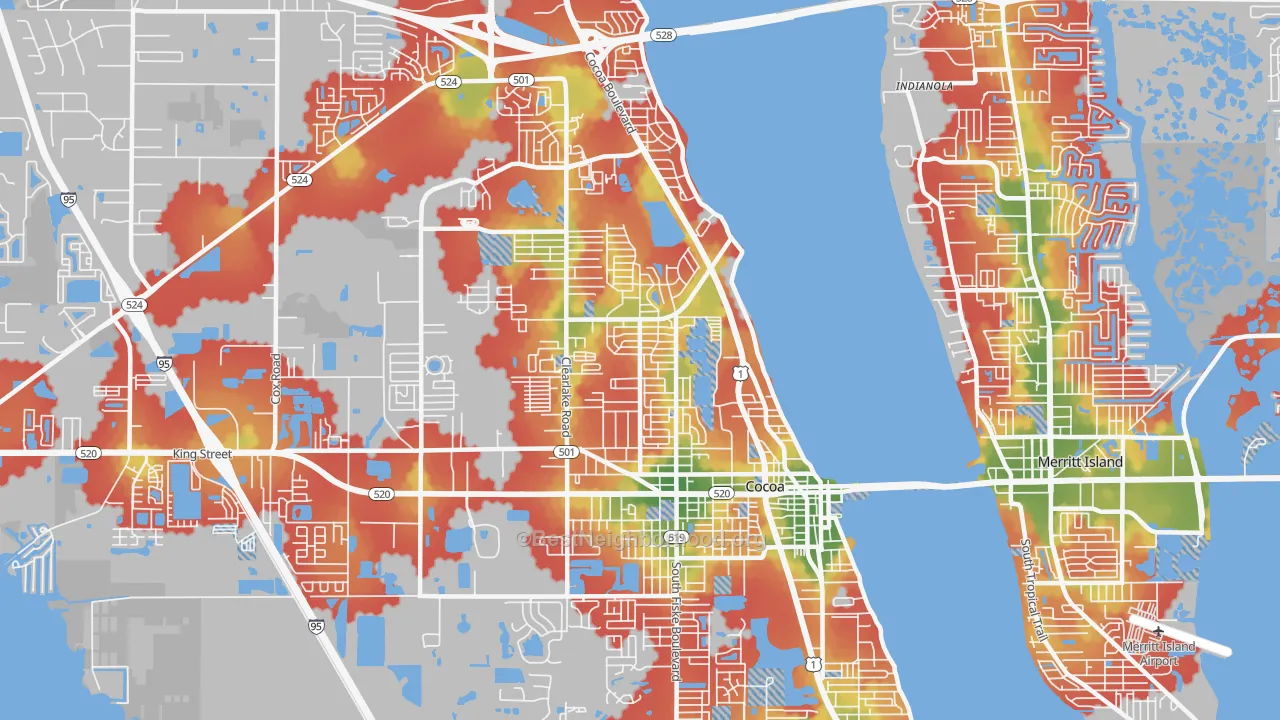 Walk Grade map of 32922, FL, walkable areas in green and car-dependent areas in red