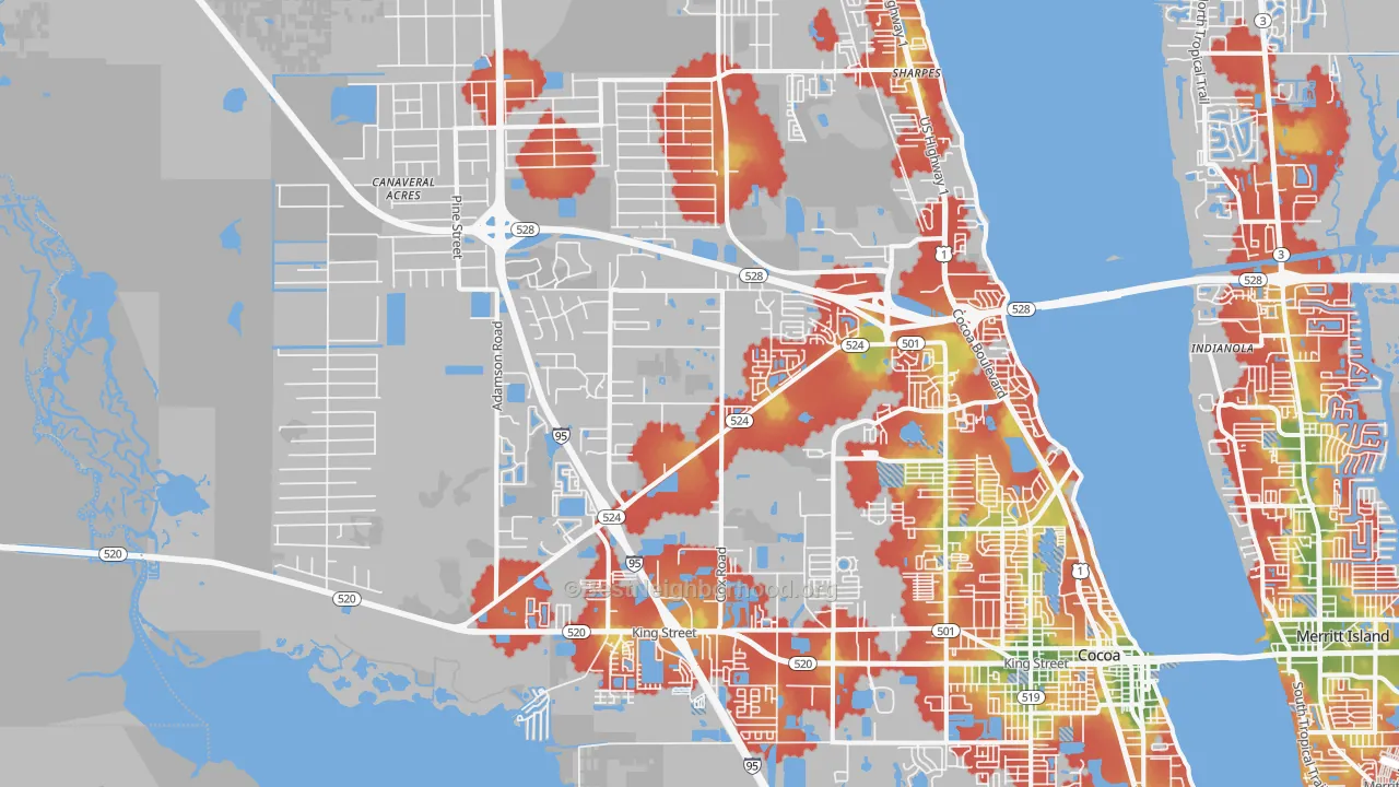 Walk Grade map of 32926, FL, walkable areas in green and car-dependent areas in red