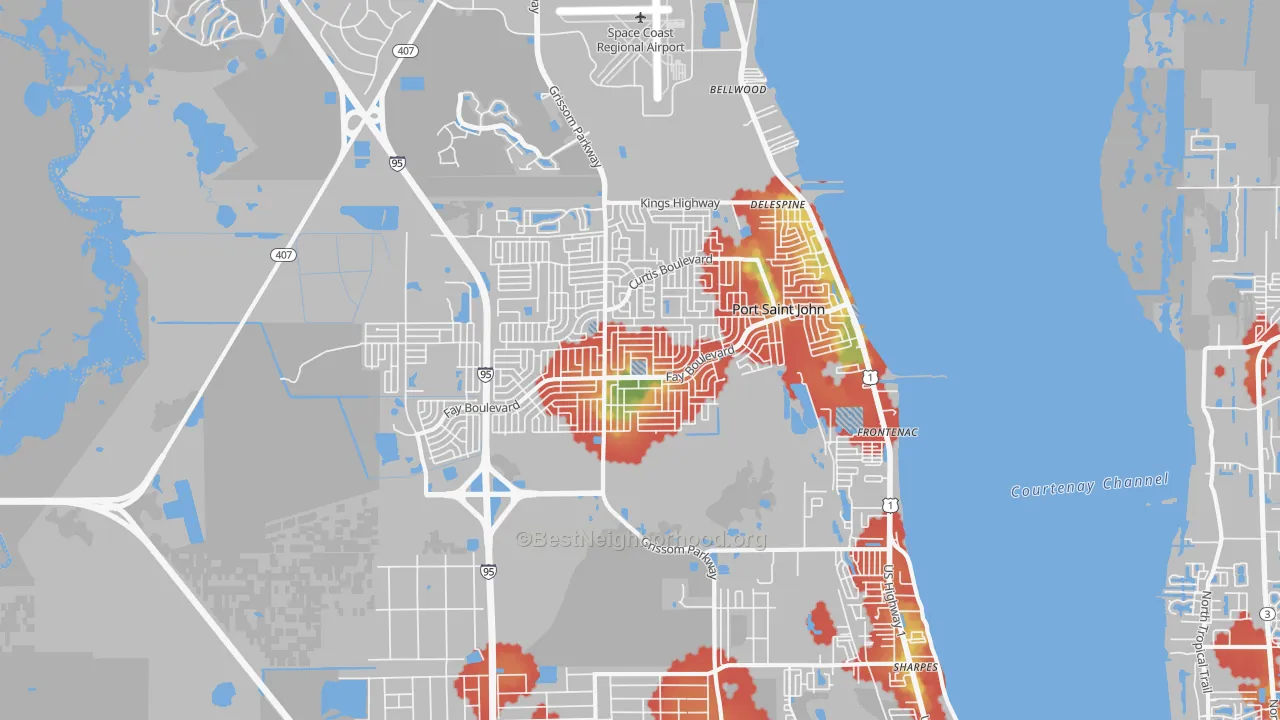 Walk Grade map of 32927, FL, walkable areas in green and car-dependent areas in red