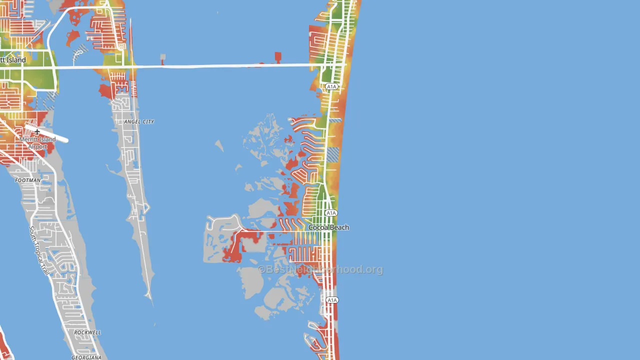 Walk Grade map of 32931, FL, walkable areas in green and car-dependent areas in red
