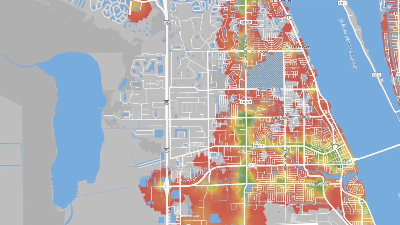 Walk Grade map of 32934, FL, walkable areas in green and car-dependent areas in red