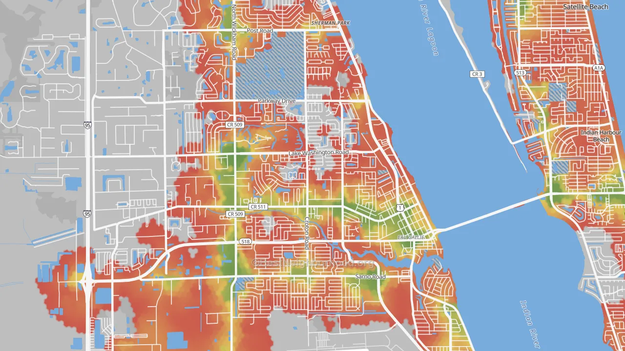 Walk Grade map of 32935, FL, walkable areas in green and car-dependent areas in red