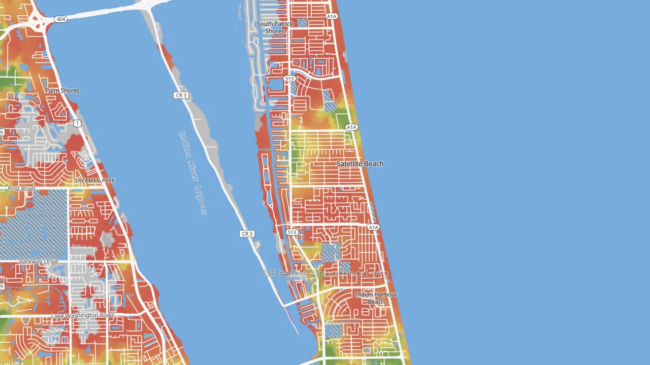 Walk Grade map of 32937, FL, walkable areas in green and car-dependent areas in red