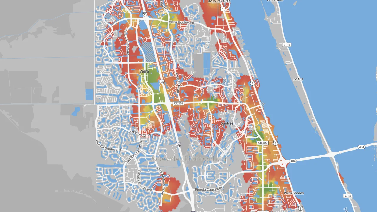 Walk Grade map of 32940, FL, walkable areas in green and car-dependent areas in red