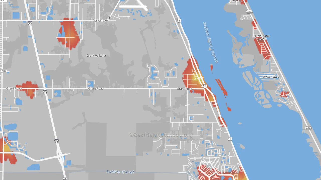 Walk Grade map of 32949, FL, walkable areas in green and car-dependent areas in red