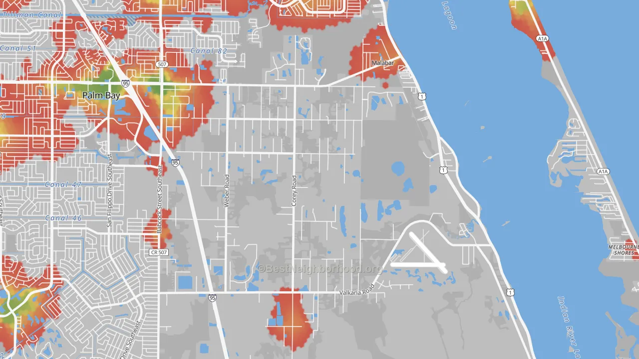 Walk Grade map of 32950, FL, walkable areas in green and car-dependent areas in red