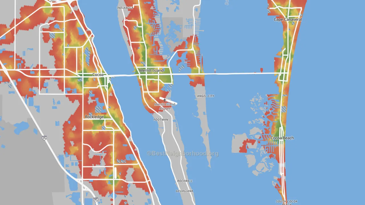 Walk Grade map of 32952, FL, walkable areas in green and car-dependent areas in red
