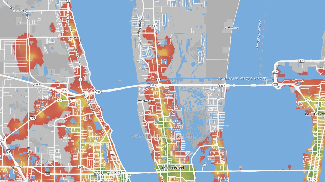 Walk Grade map of 32953, FL, walkable areas in green and car-dependent areas in red
