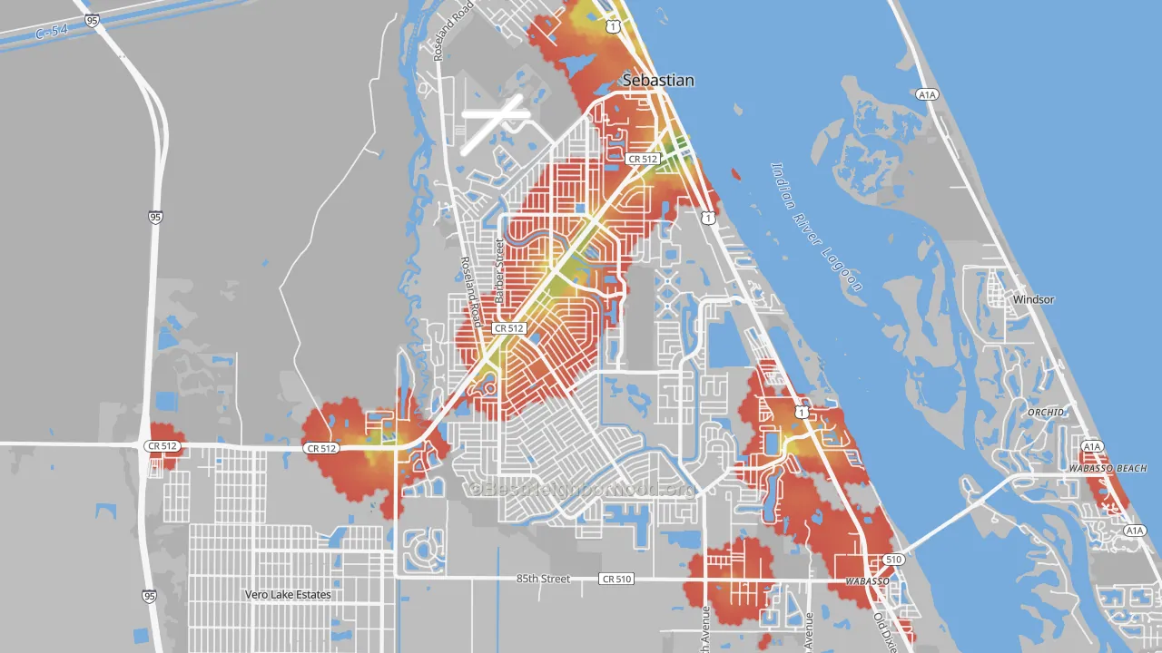 Walk Grade map of 32958, FL, walkable areas in green and car-dependent areas in red