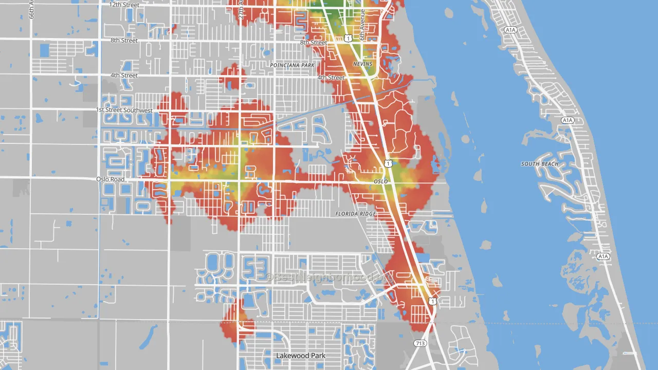 Walk Grade map of 32962, FL, walkable areas in green and car-dependent areas in red