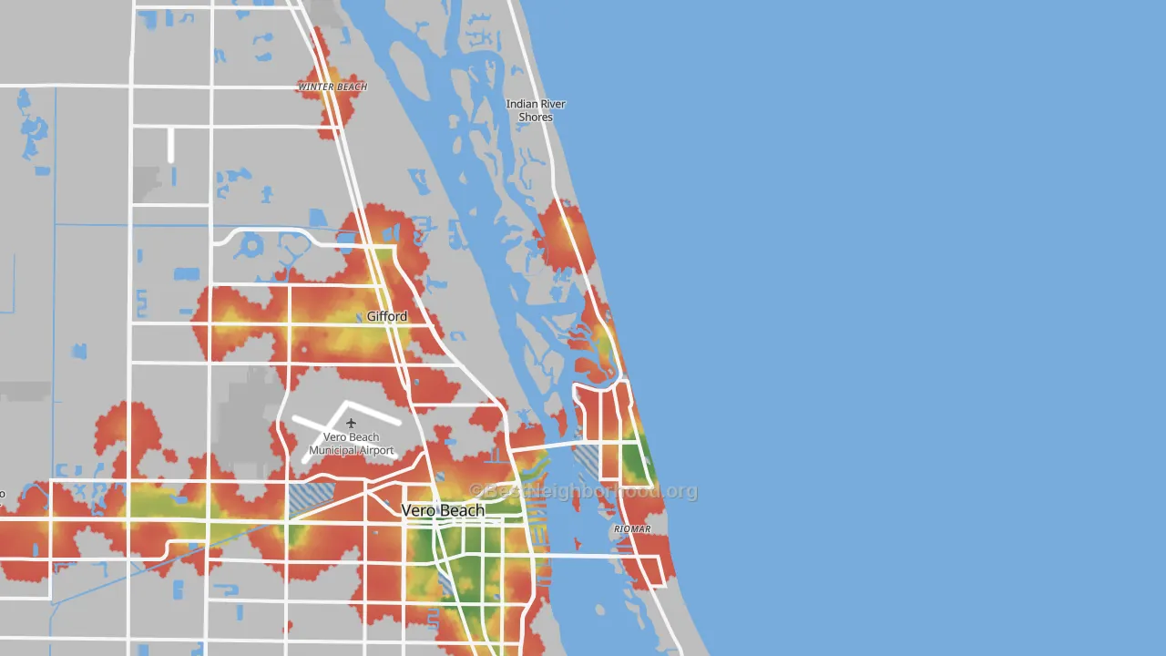 Walk Grade map of 32963, FL, walkable areas in green and car-dependent areas in red