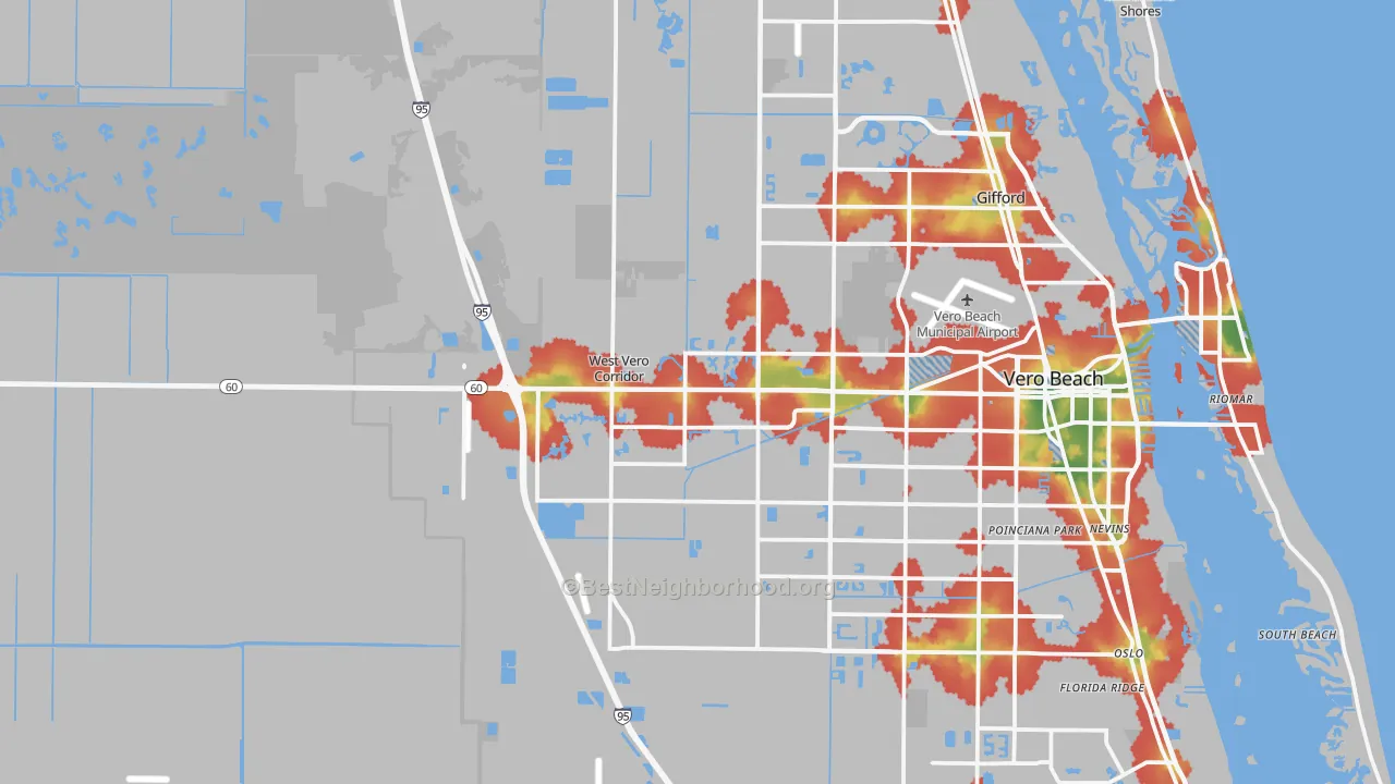 Walk Grade map of 32966, FL, walkable areas in green and car-dependent areas in red