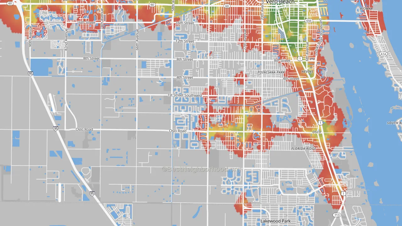 Walk Grade map of 32968, FL, walkable areas in green and car-dependent areas in red