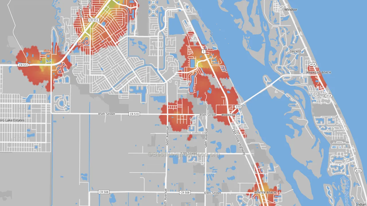 Walk Grade map of 32970, FL, walkable areas in green and car-dependent areas in red