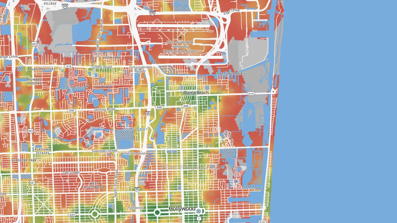 Walk Grade map of 33004, FL, walkable areas in green and car-dependent areas in red