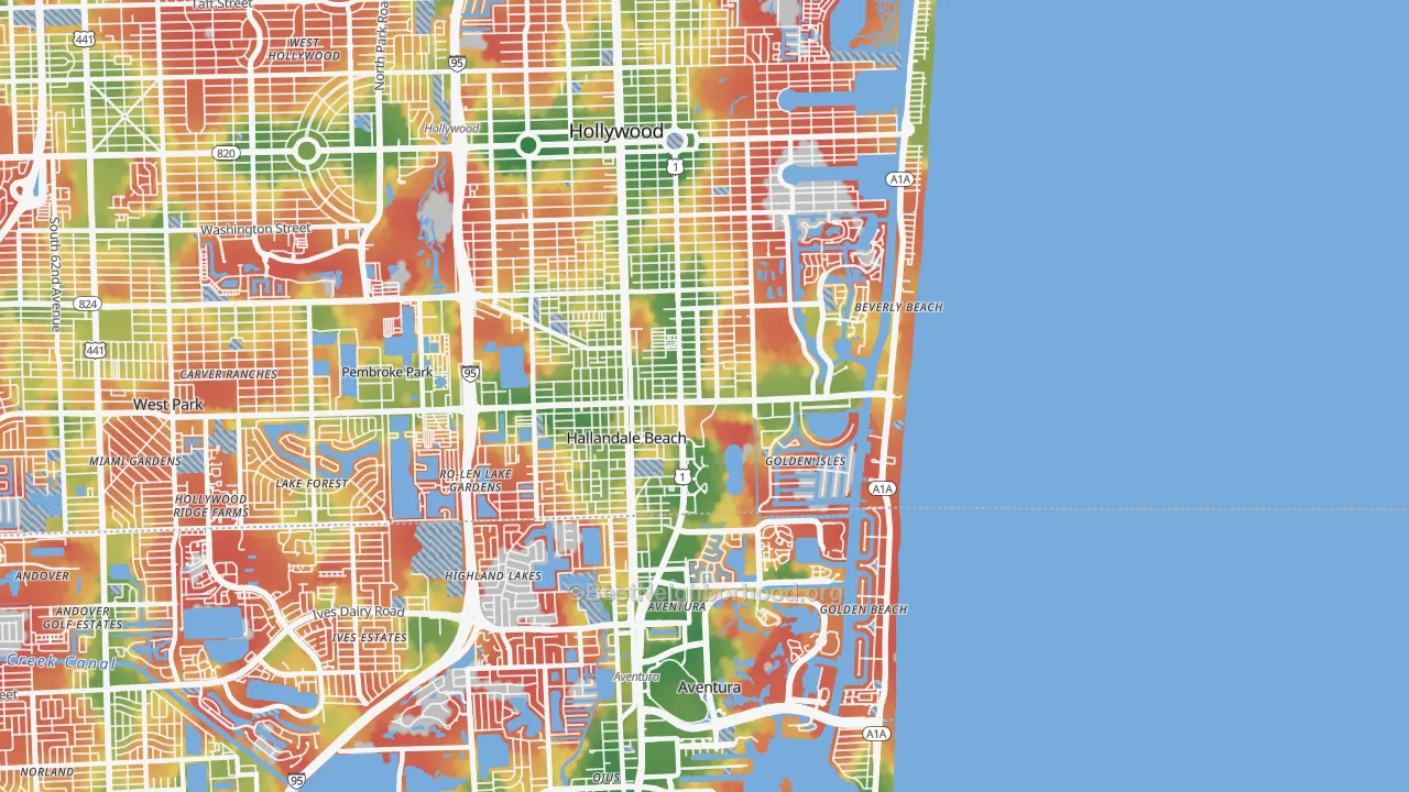 Walk Grade map of 33009, FL, walkable areas in green and car-dependent areas in red