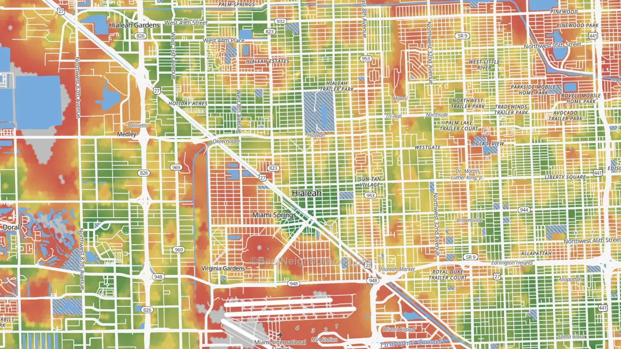 Walk Grade map of 33010, FL, walkable areas in green and car-dependent areas in red