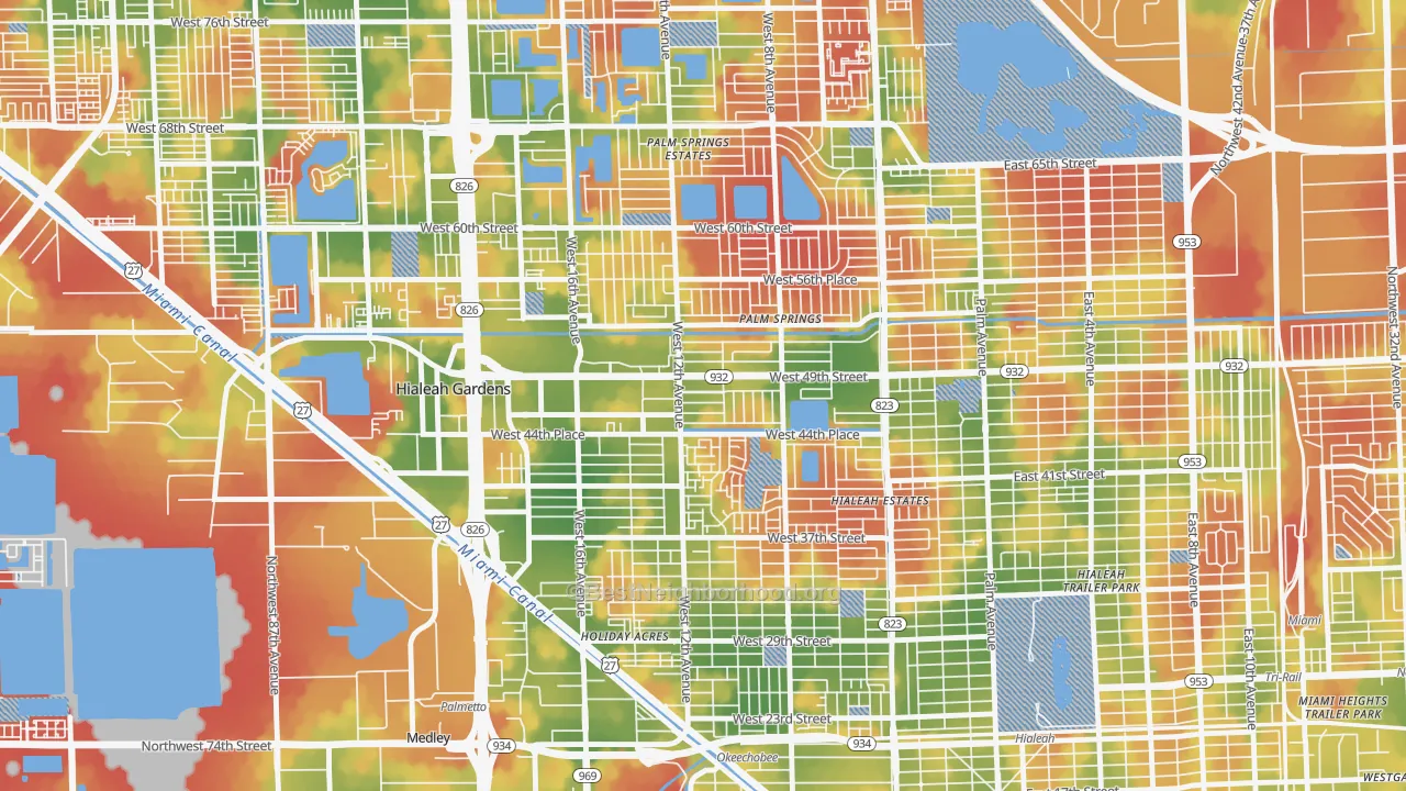 Walk Grade map of 33012, FL, walkable areas in green and car-dependent areas in red