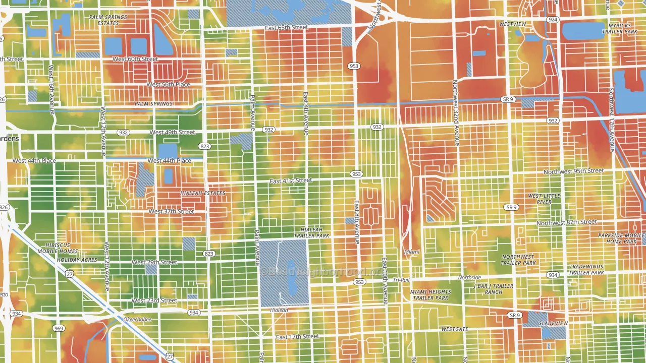 Walk Grade map of 33013, FL, walkable areas in green and car-dependent areas in red