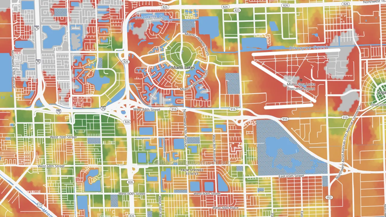Walk Grade map of 33014, FL, walkable areas in green and car-dependent areas in red