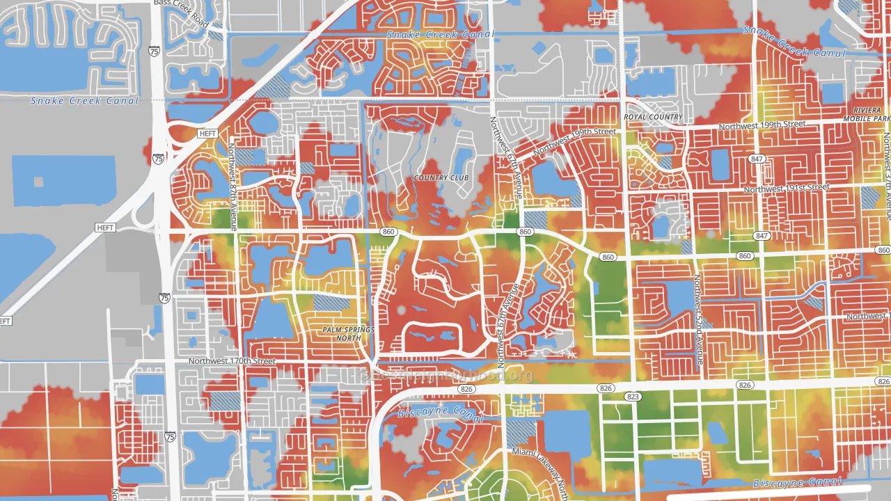 Walk Grade map of 33015, FL, walkable areas in green and car-dependent areas in red
