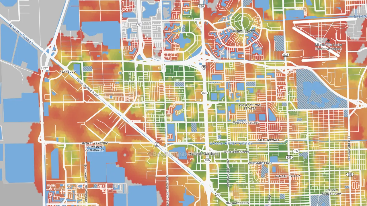 Walk Grade map of 33016, FL, walkable areas in green and car-dependent areas in red