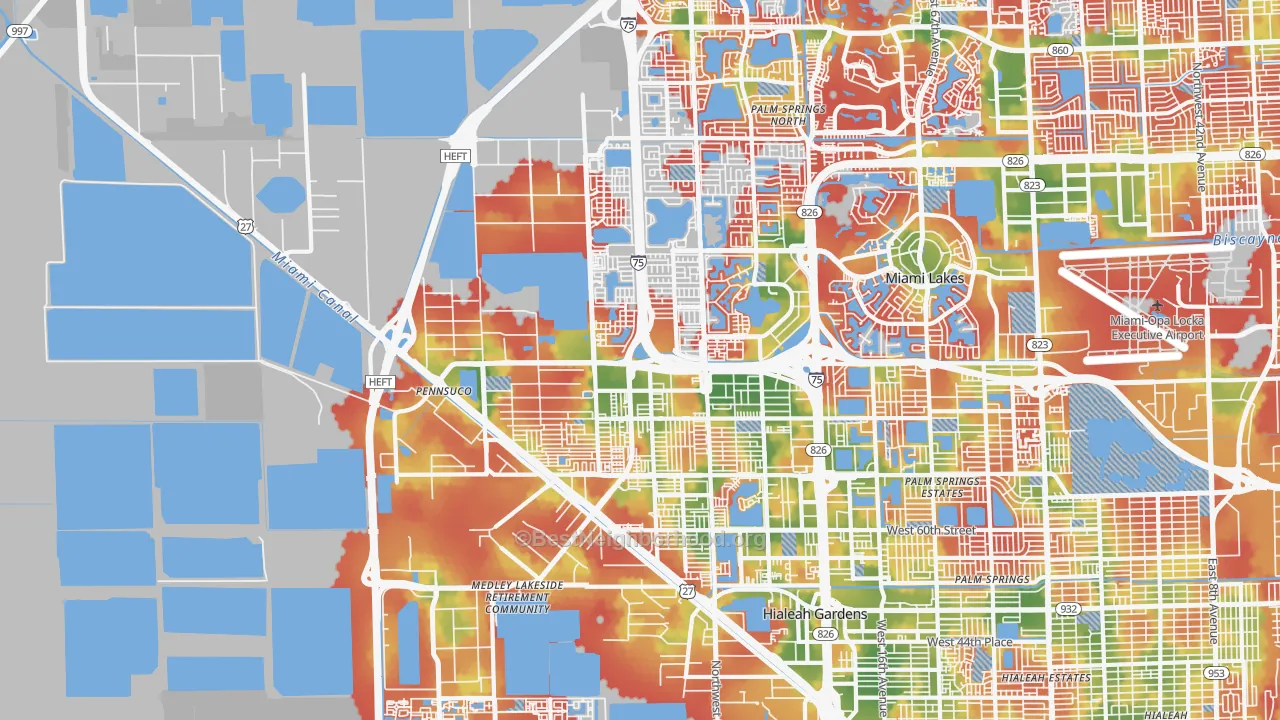 Walk Grade map of 33018, FL, walkable areas in green and car-dependent areas in red