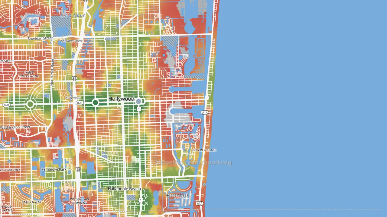 Walk Grade map of 33019, FL, walkable areas in green and car-dependent areas in red