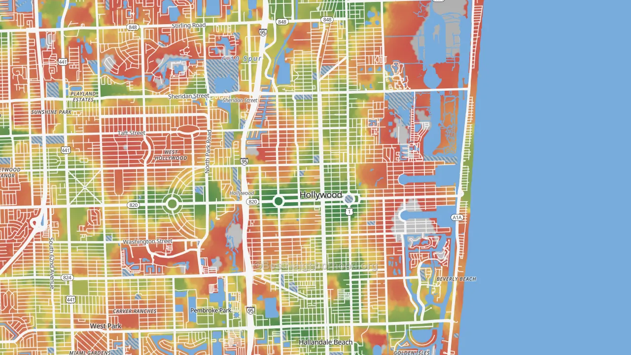 Walk Grade map of 33020, FL, walkable areas in green and car-dependent areas in red