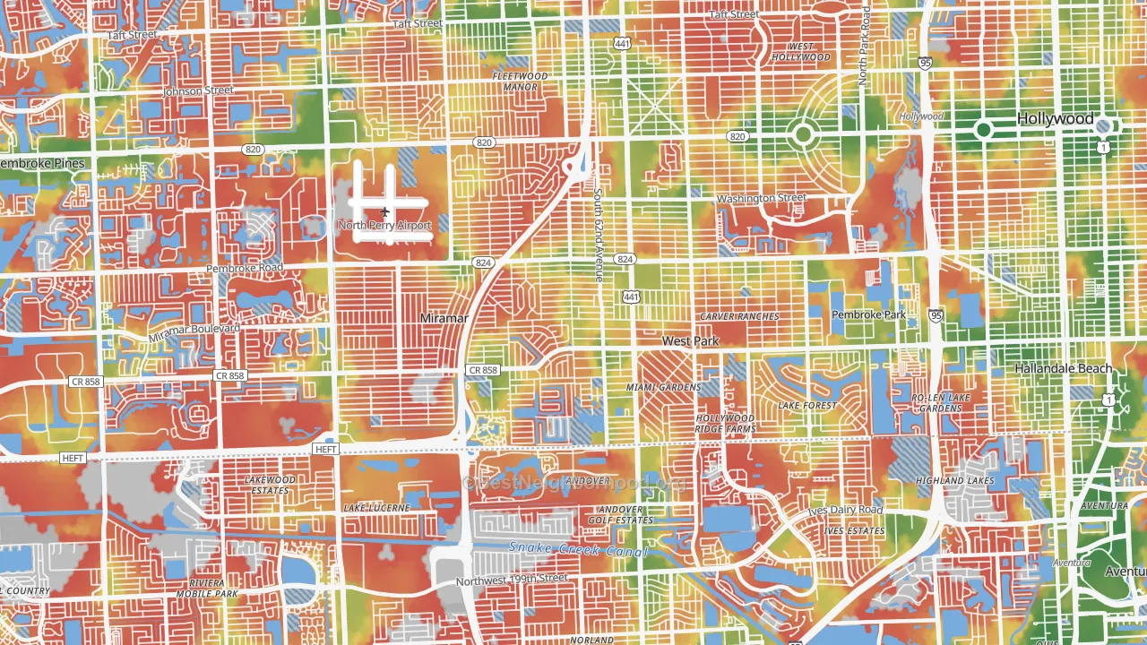 Walk Grade map of 33023, FL, walkable areas in green and car-dependent areas in red