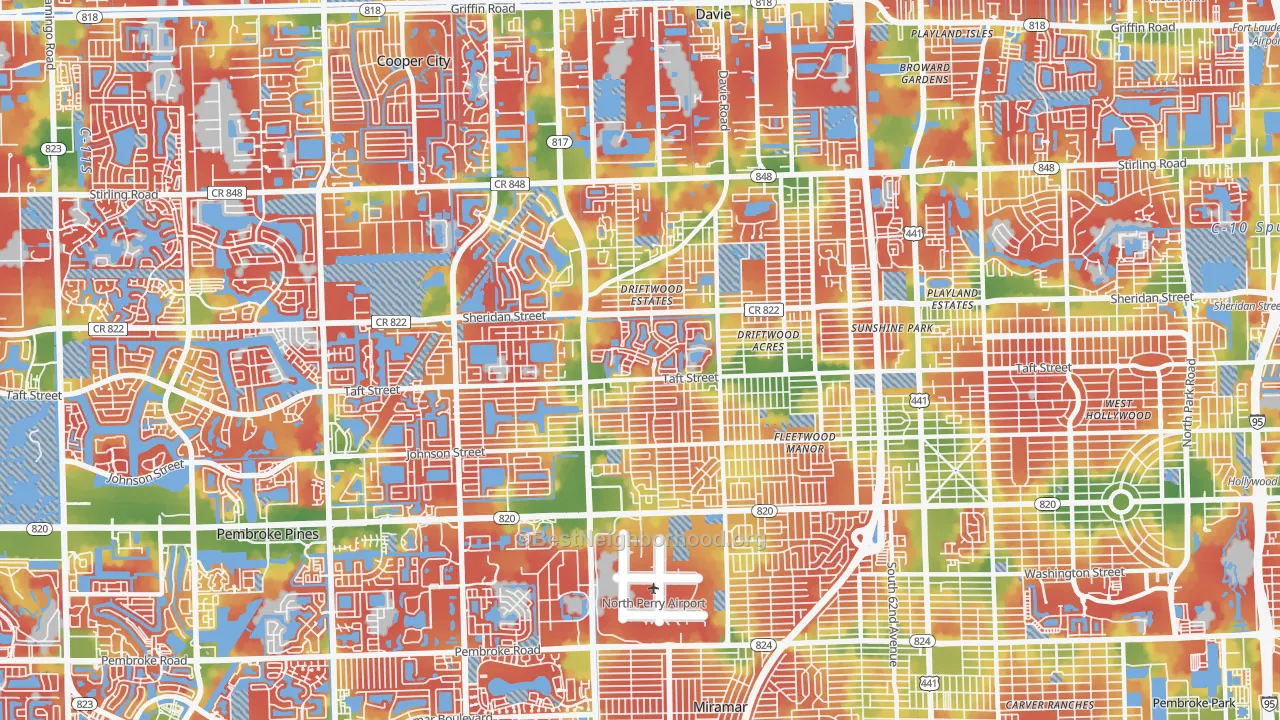 Walk Grade map of 33024, FL, walkable areas in green and car-dependent areas in red