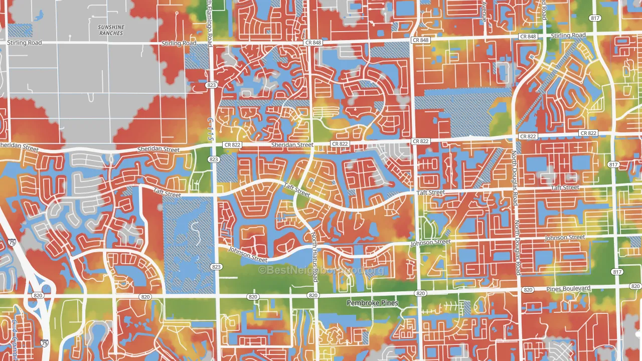 Walk Grade map of 33026, FL, walkable areas in green and car-dependent areas in red