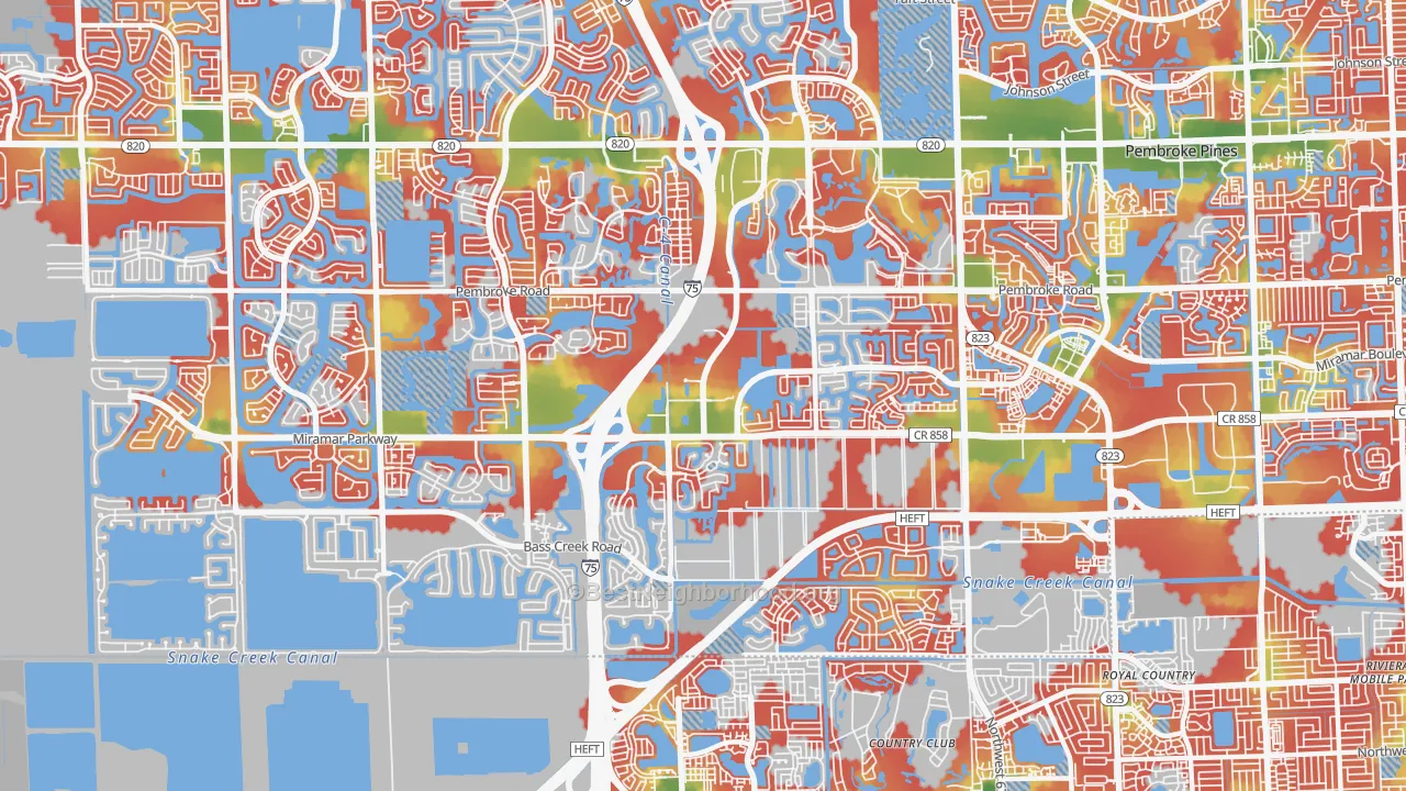Walk Grade map of 33027, FL, walkable areas in green and car-dependent areas in red