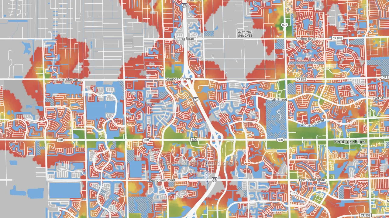 Walk Grade map of 33028, FL, walkable areas in green and car-dependent areas in red