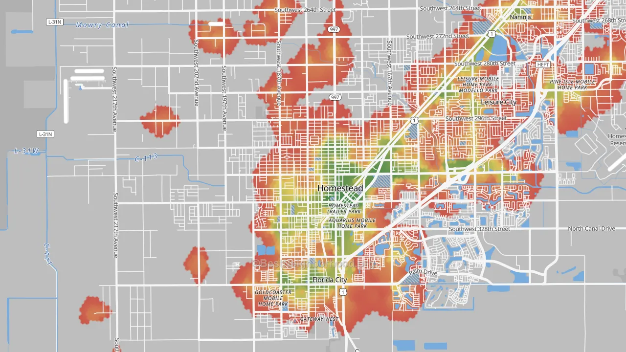 Walk Grade map of 33030, FL, walkable areas in green and car-dependent areas in red
