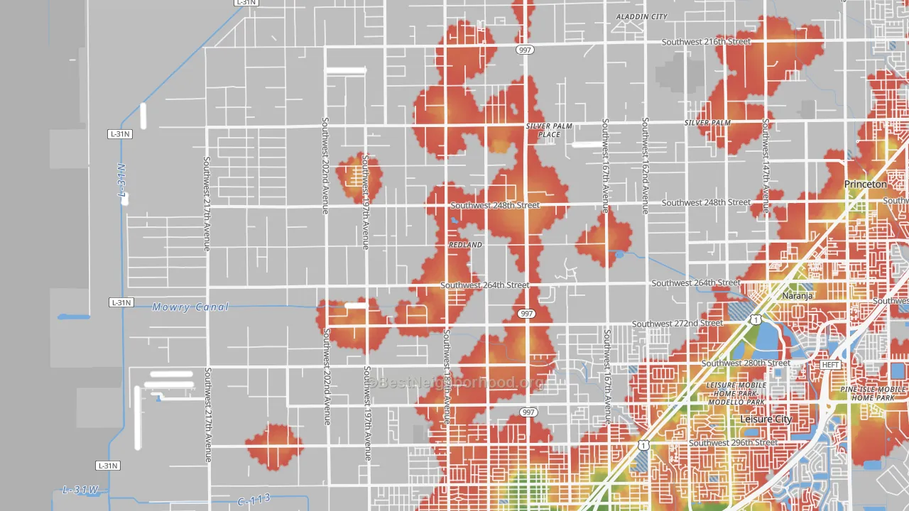 Walk Grade map of 33031, FL, walkable areas in green and car-dependent areas in red