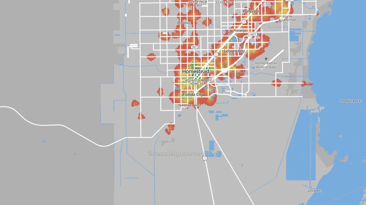Walk Grade map of 33034, FL, walkable areas in green and car-dependent areas in red