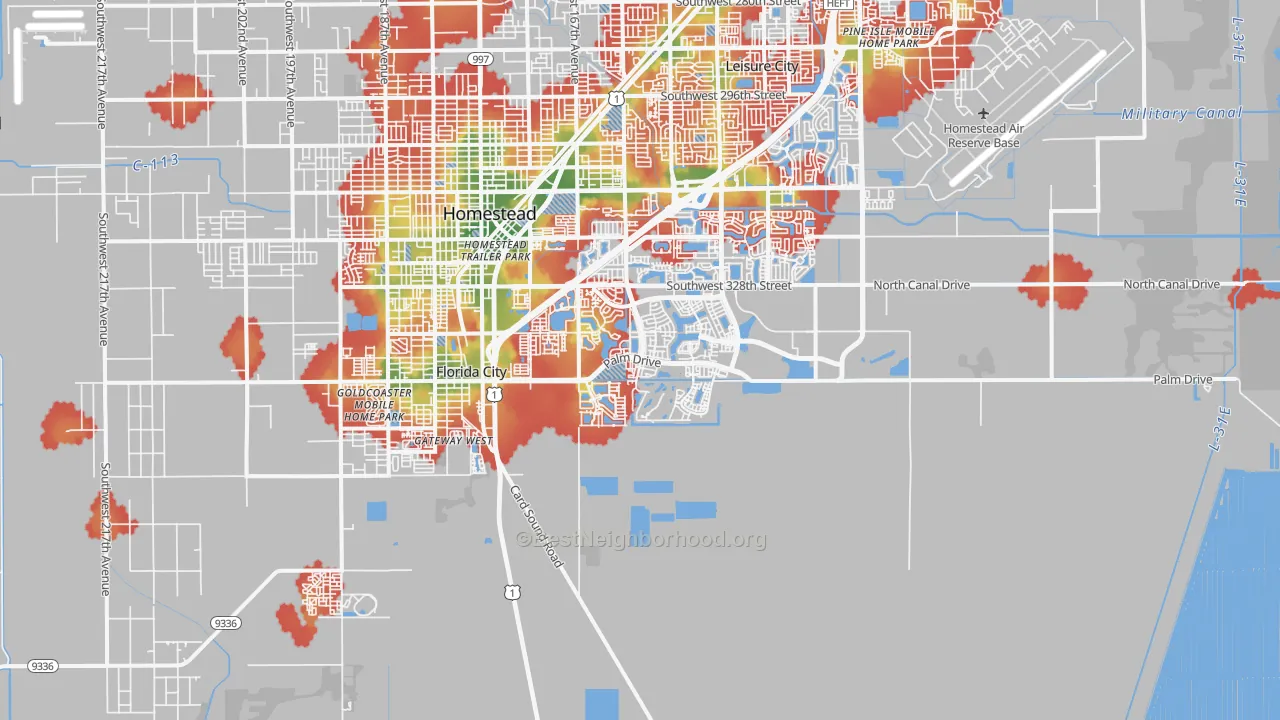 Walk Grade map of 33035, FL, walkable areas in green and car-dependent areas in red
