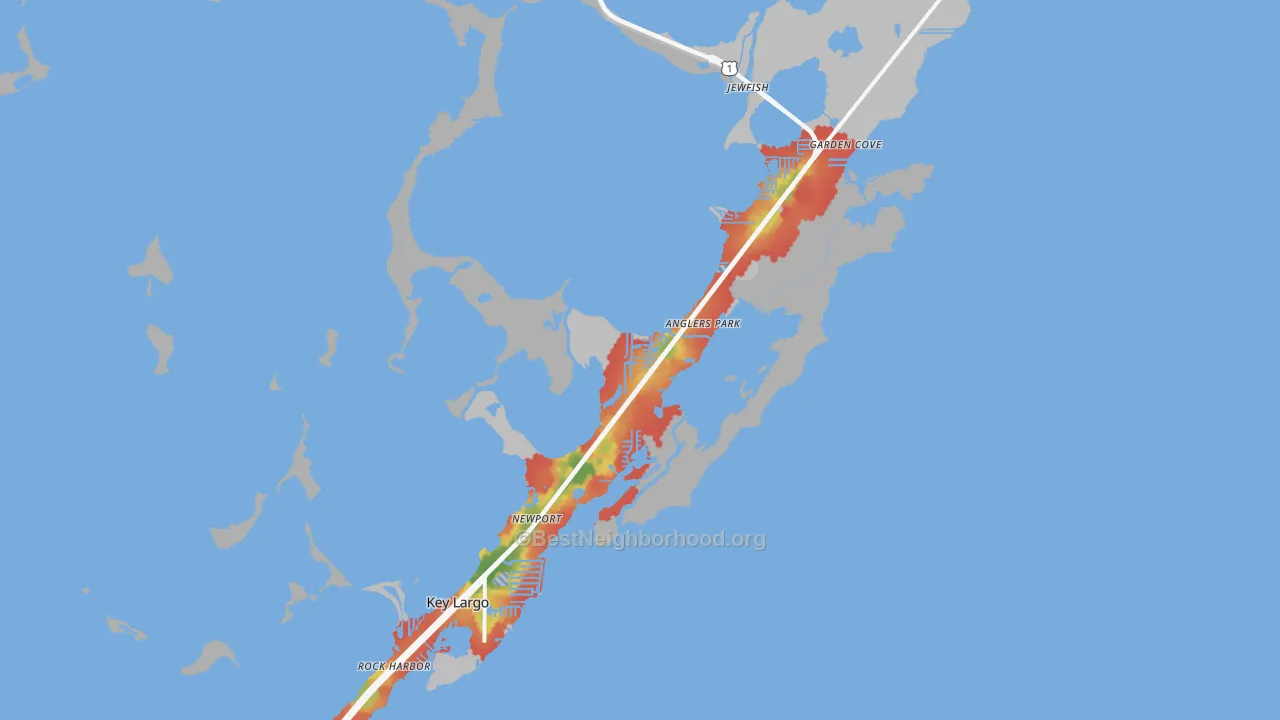 Walk Grade map of 33037, FL, walkable areas in green and car-dependent areas in red