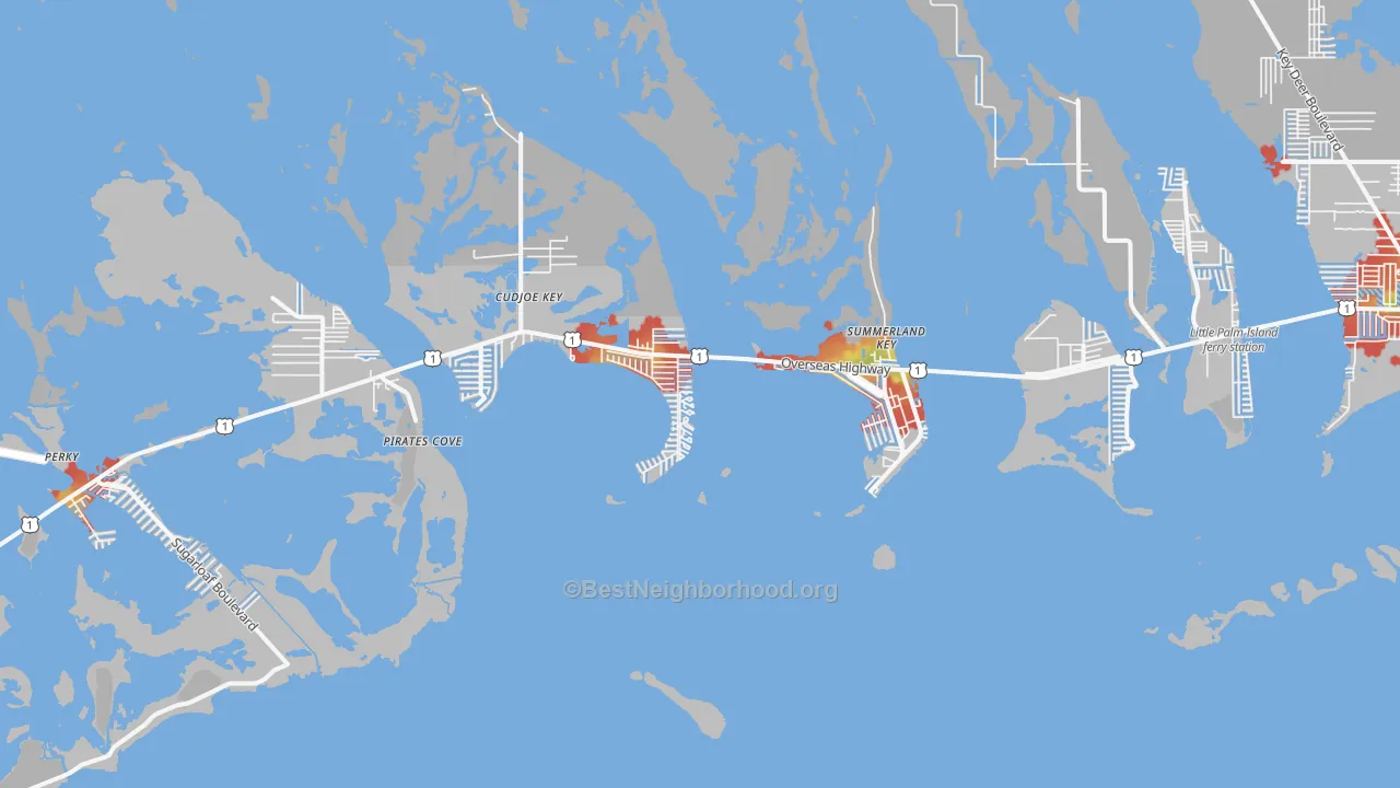 Walk Grade map of 33042, FL, walkable areas in green and car-dependent areas in red
