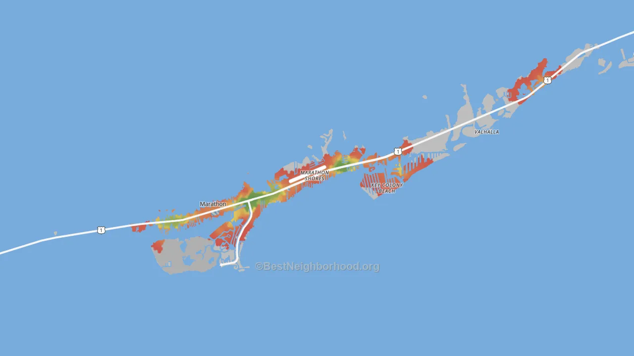 Walk Grade map of 33050, FL, walkable areas in green and car-dependent areas in red