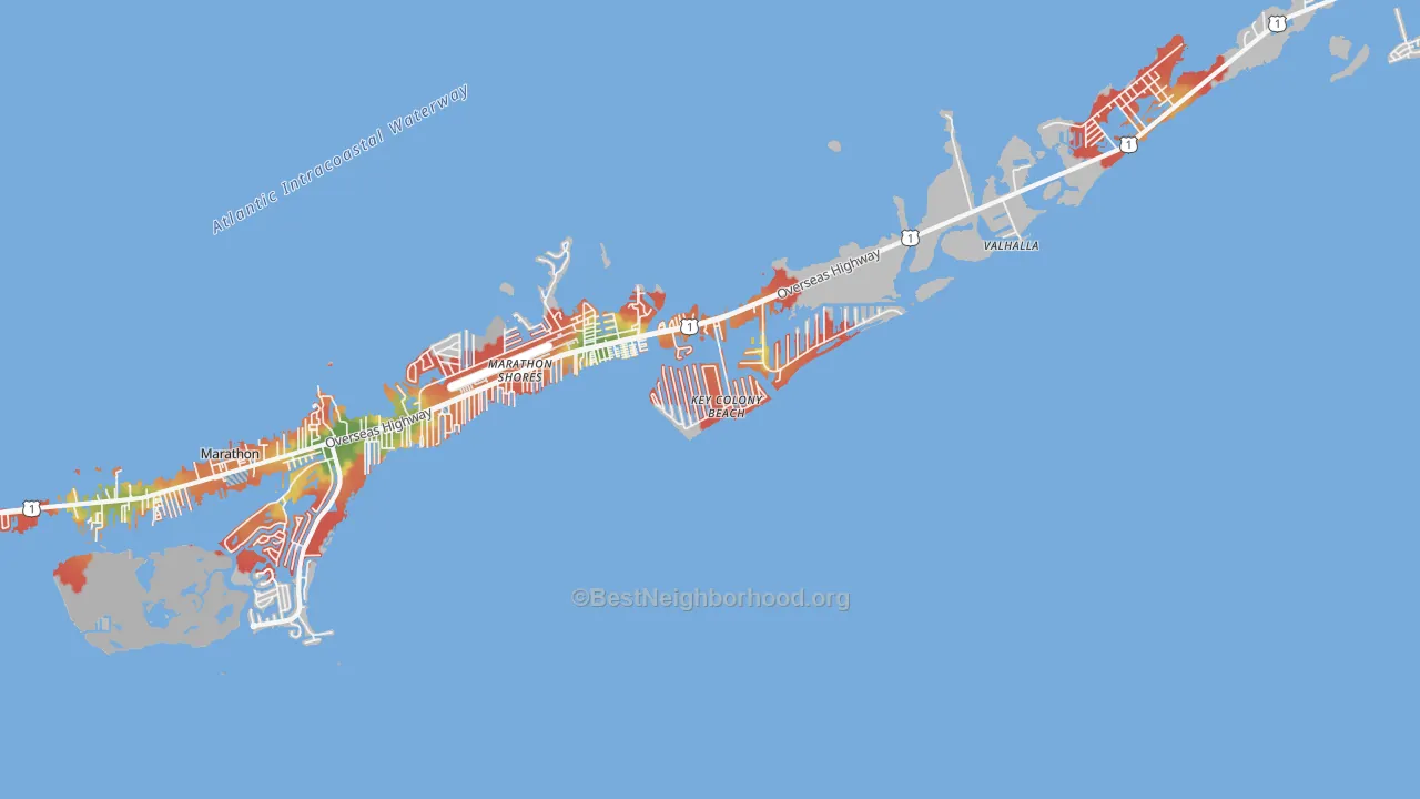 Walk Grade map of 33051, FL, walkable areas in green and car-dependent areas in red