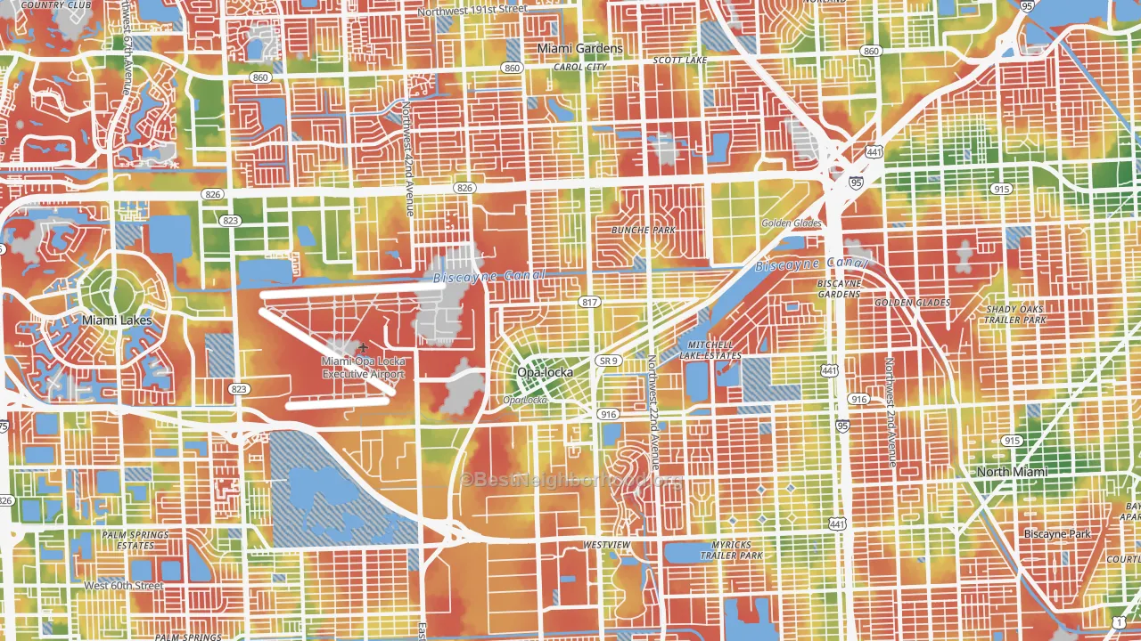 Walk Grade map of 33054, FL, walkable areas in green and car-dependent areas in red