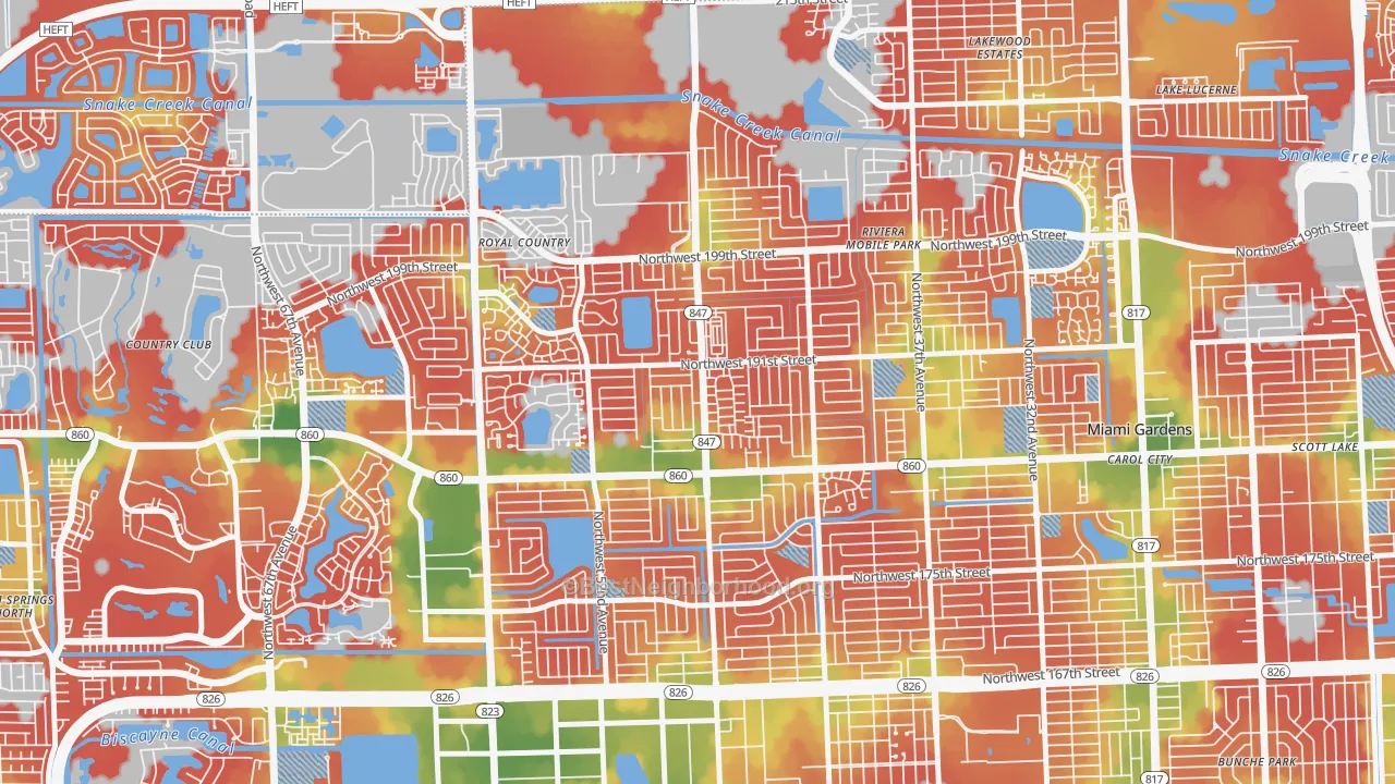 Walk Grade map of 33055, FL, walkable areas in green and car-dependent areas in red