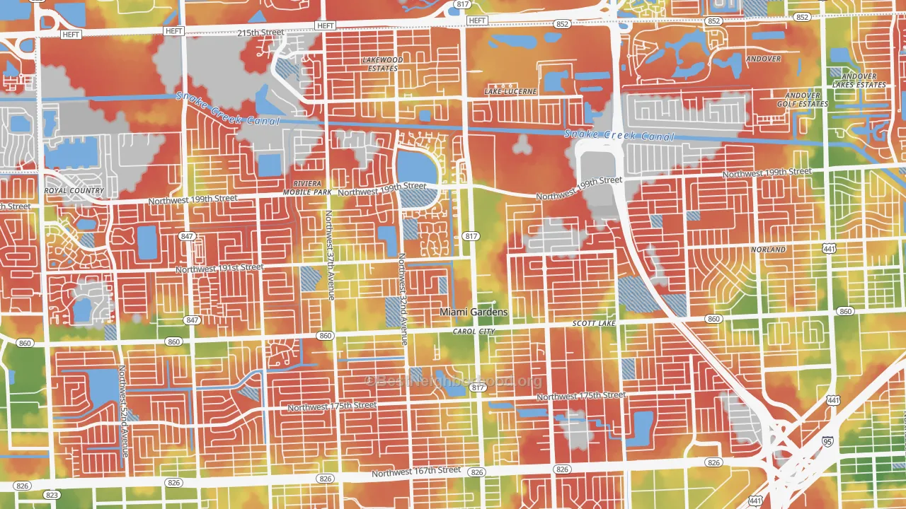 Walk Grade map of 33056, FL, walkable areas in green and car-dependent areas in red