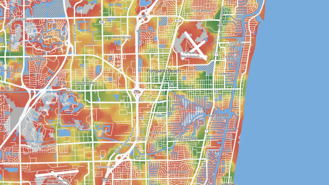 Walk Grade map of 33060, FL, walkable areas in green and car-dependent areas in red