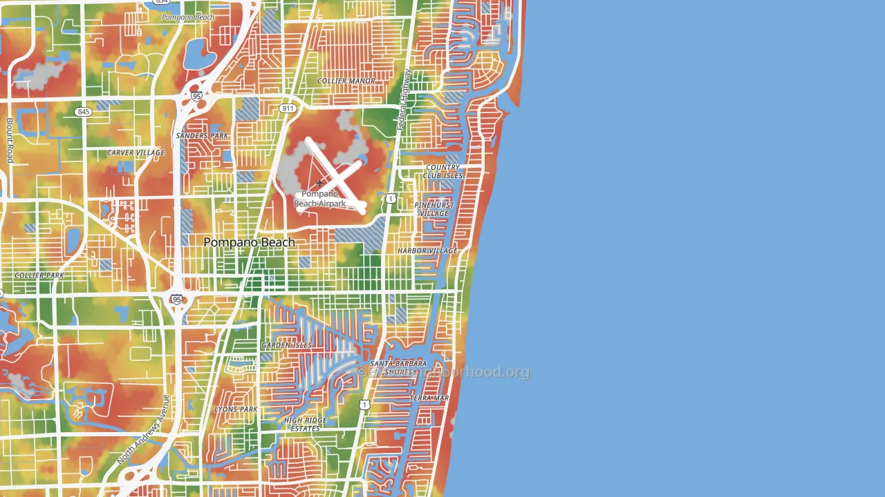 Walk Grade map of 33062, FL, walkable areas in green and car-dependent areas in red