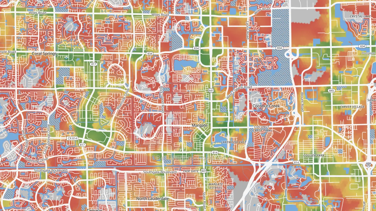 Walk Grade map of 33063, FL, walkable areas in green and car-dependent areas in red