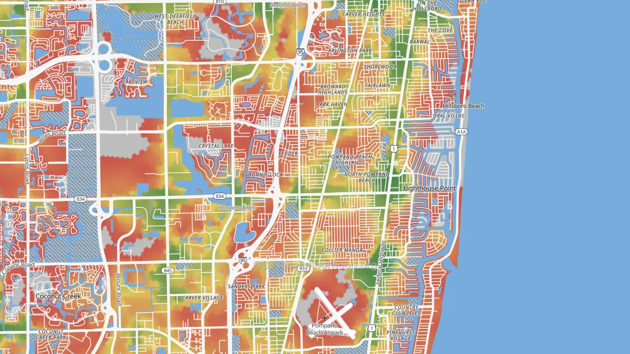 Walk Grade map of 33064, FL, walkable areas in green and car-dependent areas in red