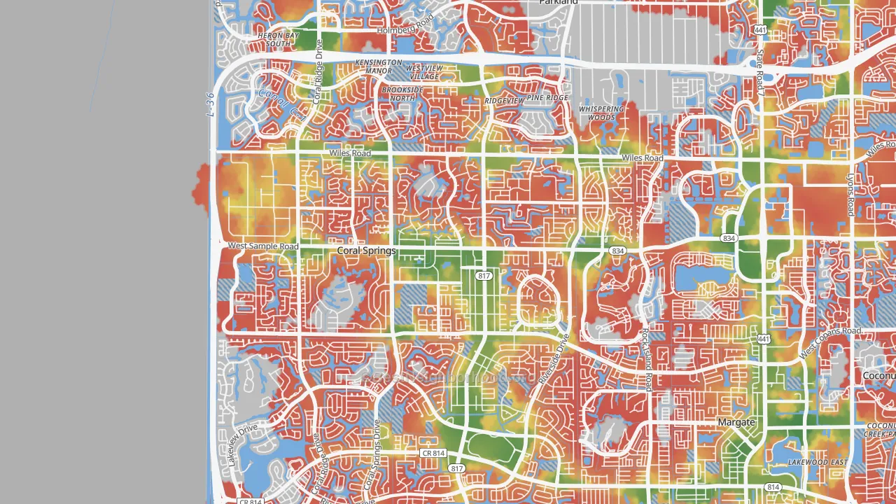 Walk Grade map of 33065, FL, walkable areas in green and car-dependent areas in red